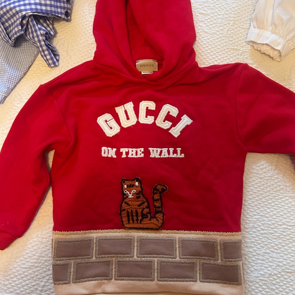 Gucci Red Kids Hoodie with Cat and Brick Design